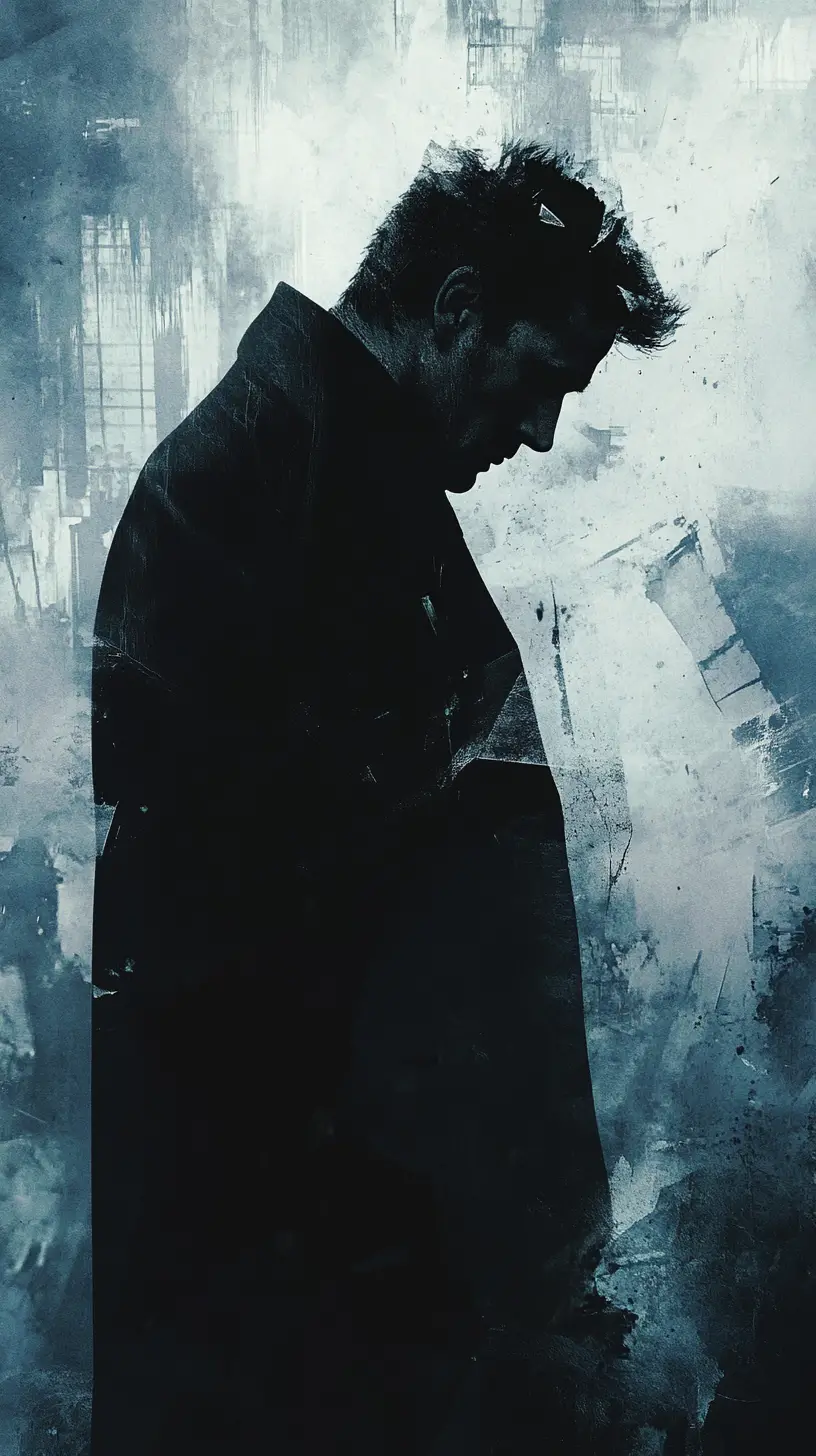 Mysterious Man In Coat Amid Broken Glass Cityscape
