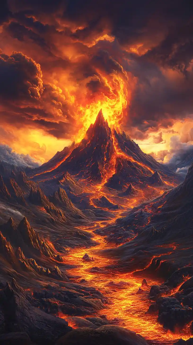 Montagne volcanique en éruption sous un ciel de fantaisie orageux