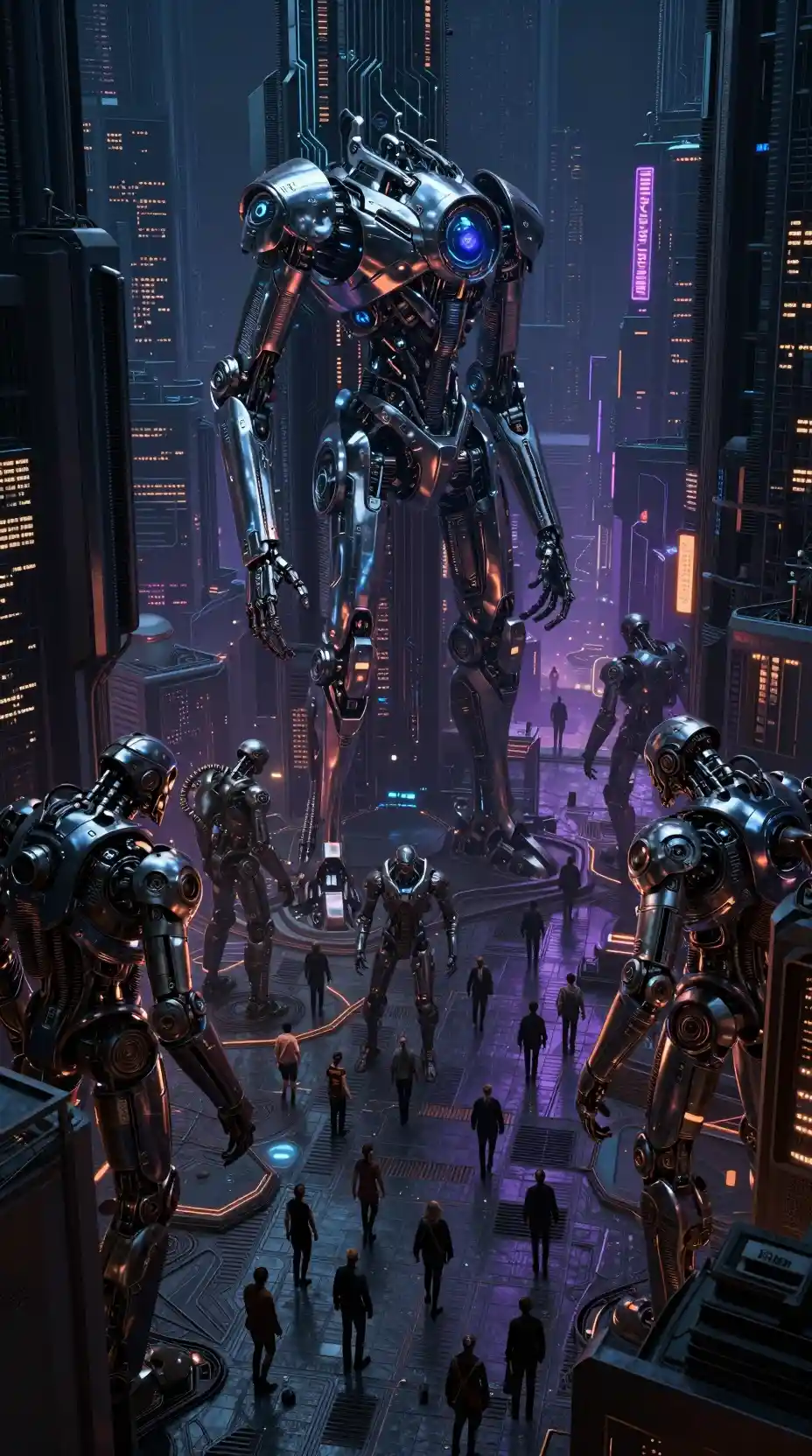 Towering robotic sentinels in a neon drenched dystopian city