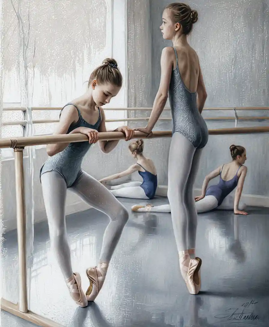 Young ballerinas practicing at the barre in a quiet studio