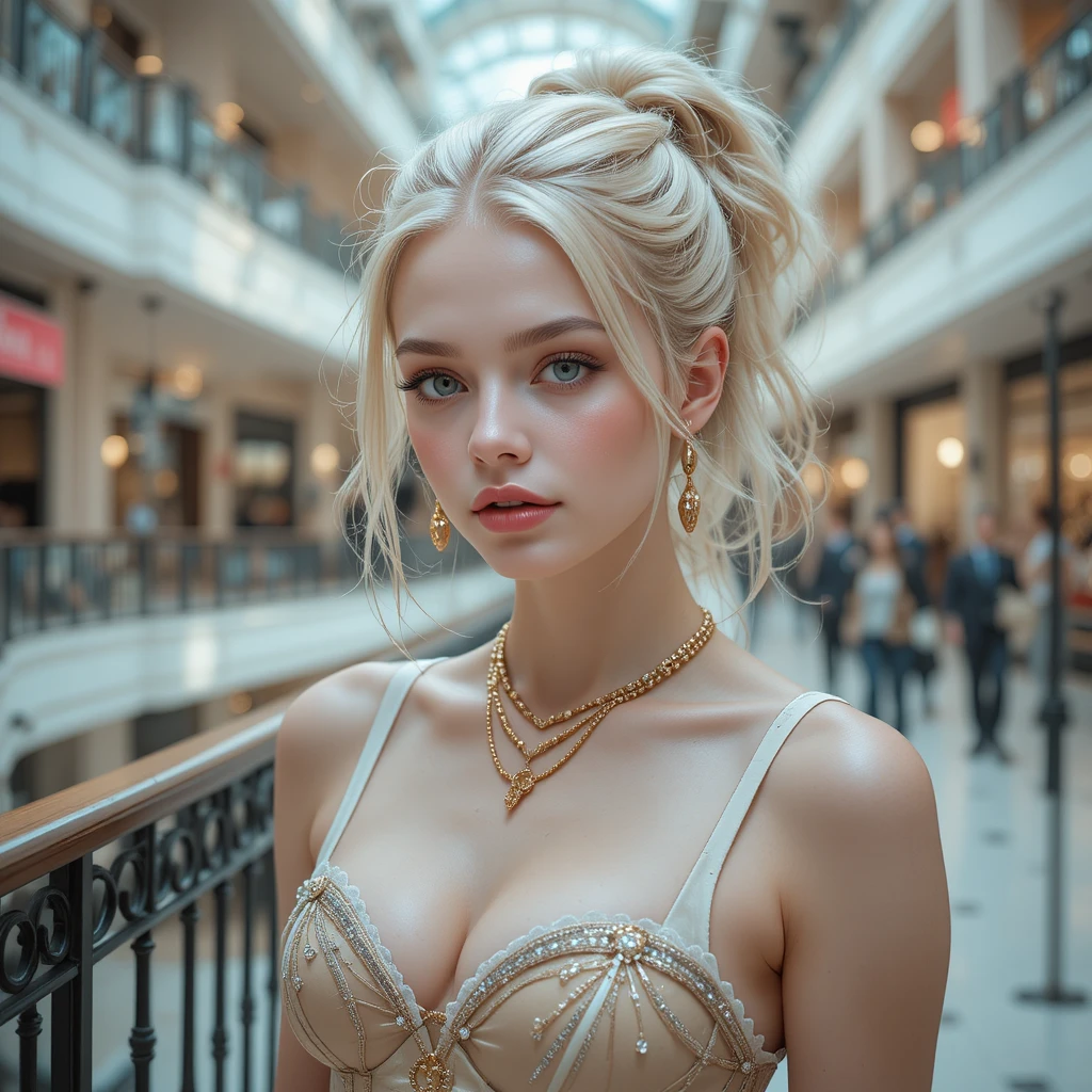 Young woman in corset dress by mall balcony