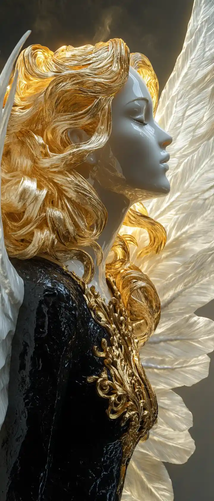 Wax angel portrait with golden cracks and wings