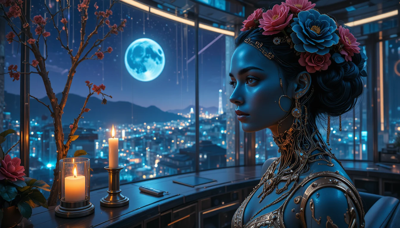 Cyborg woman under blue moon in gothic floral cosmos