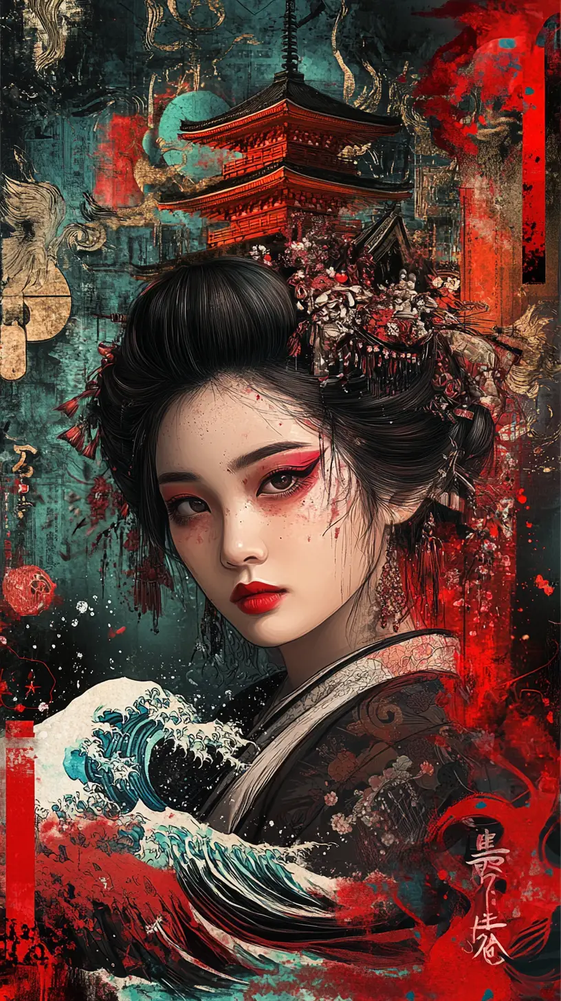 Melancholic Japanese Woman Portrait With Dynamic Ukiyo E Elements
