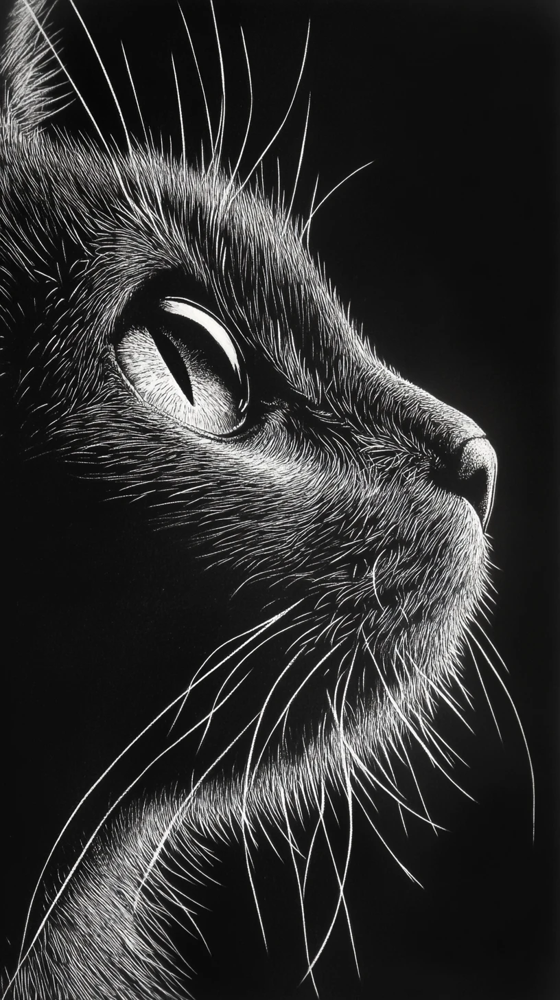 Extreme close up scratchboard portrait of a black cat