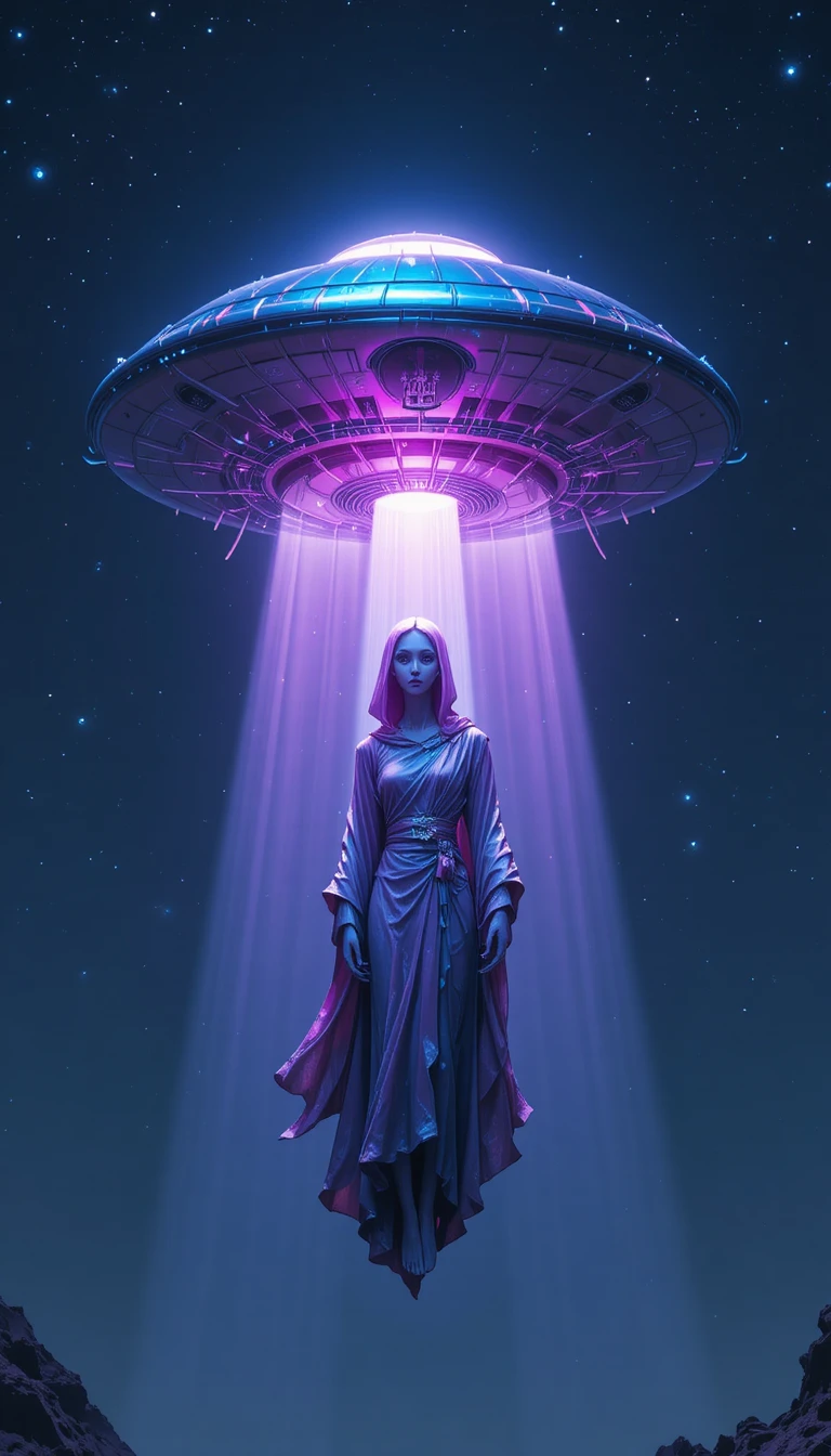 星空夜裡自發光飛碟中現身的外星人