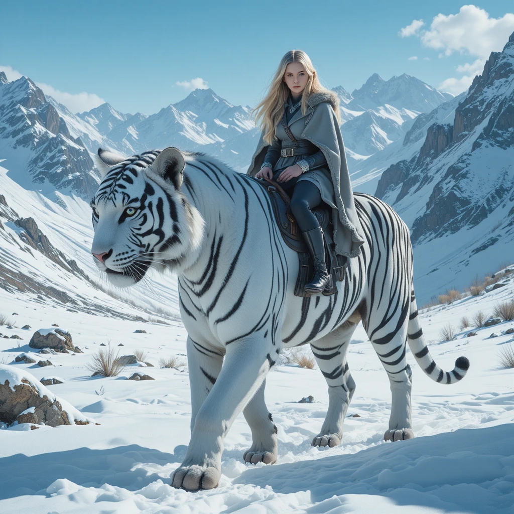 Junge Frau reitet auf einem weißen Tiger durch verschneite Berge