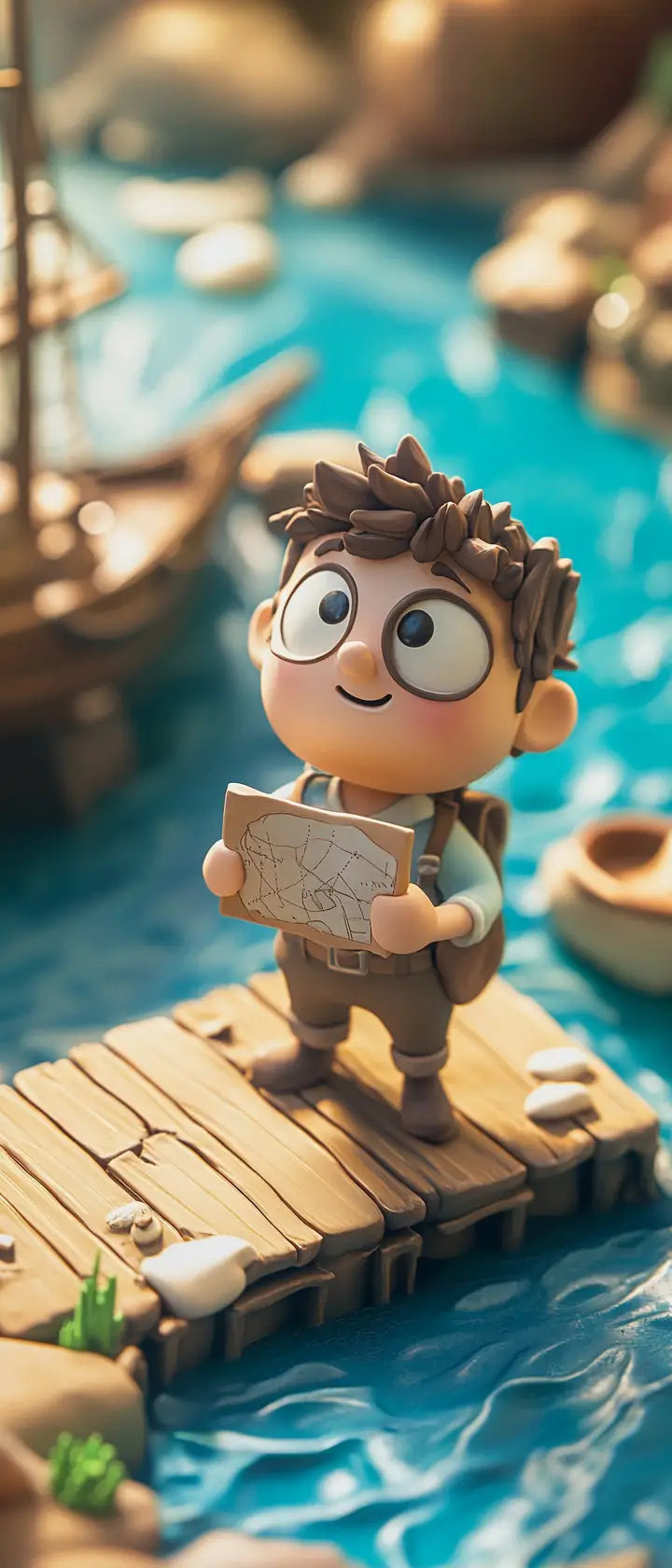 Cute 3d clay explorer on a tiny wooden dock