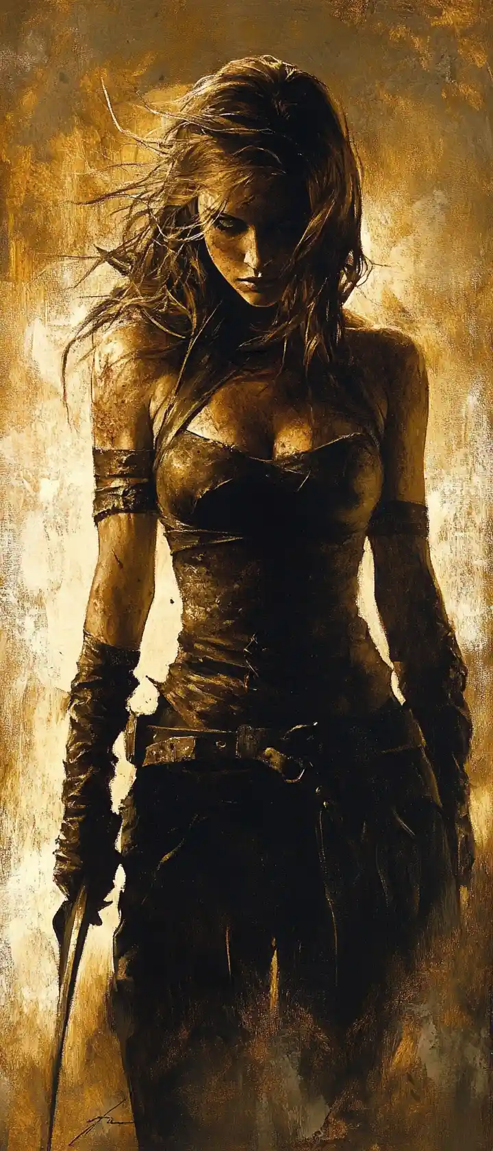 Stoic female warrior in golden hour battlefield calm