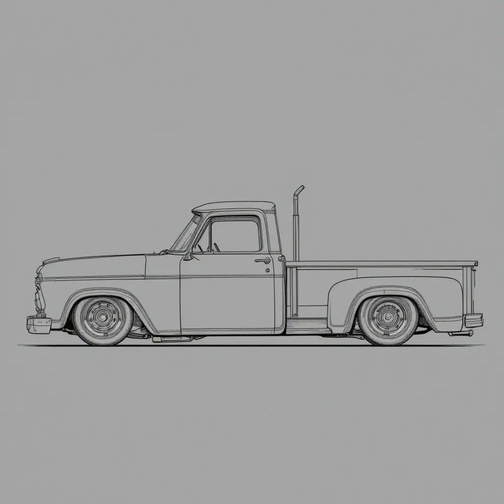 Side view drawing of a custom lowered Dodge flatbed truck