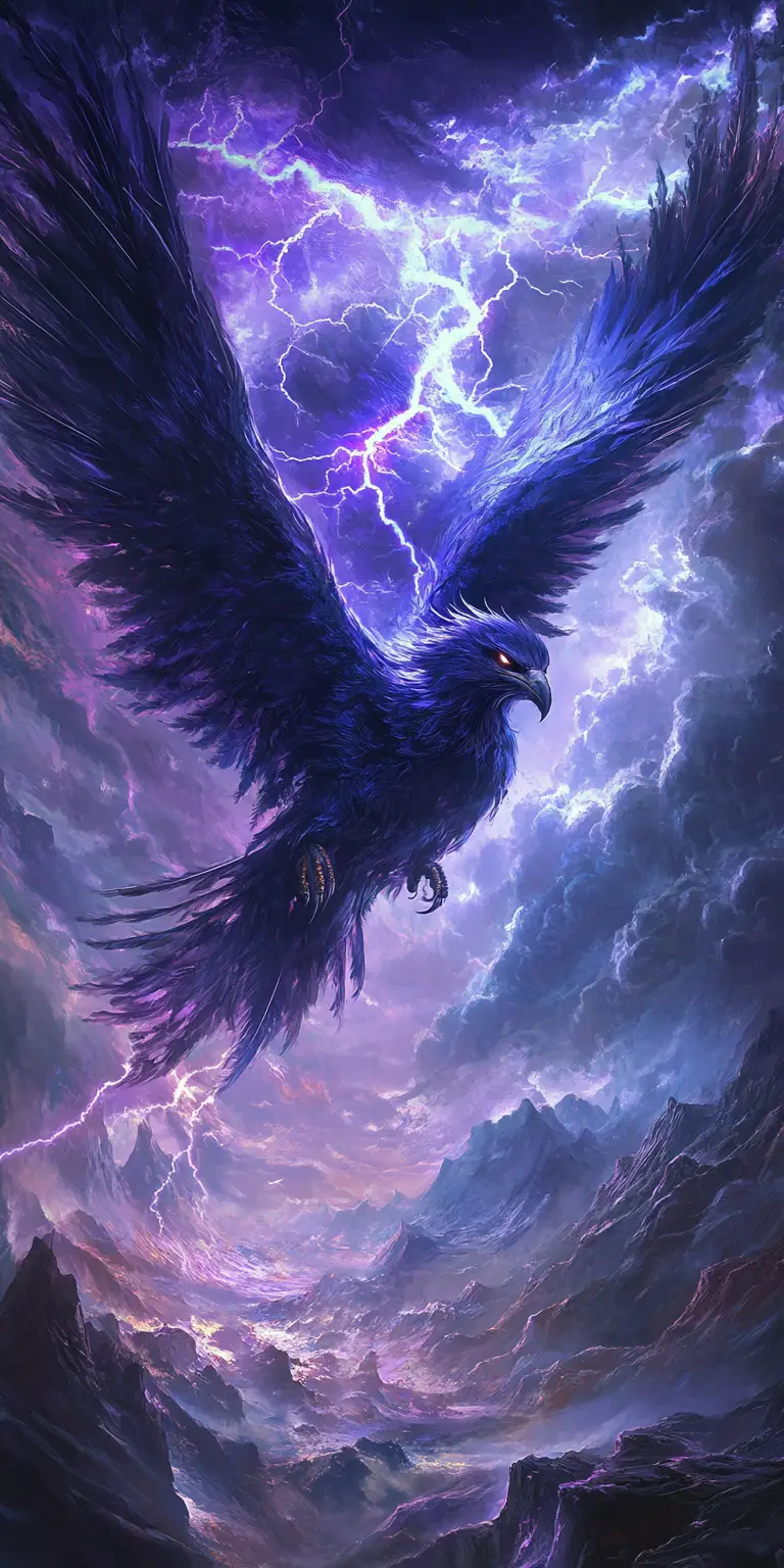 Thunderbird unleashing lightning above swirling storm clouds