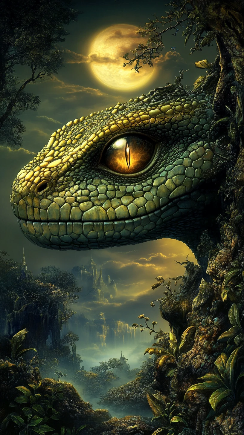 Surreal Reptile Emerging In A Gothic Moonlit Landscape
