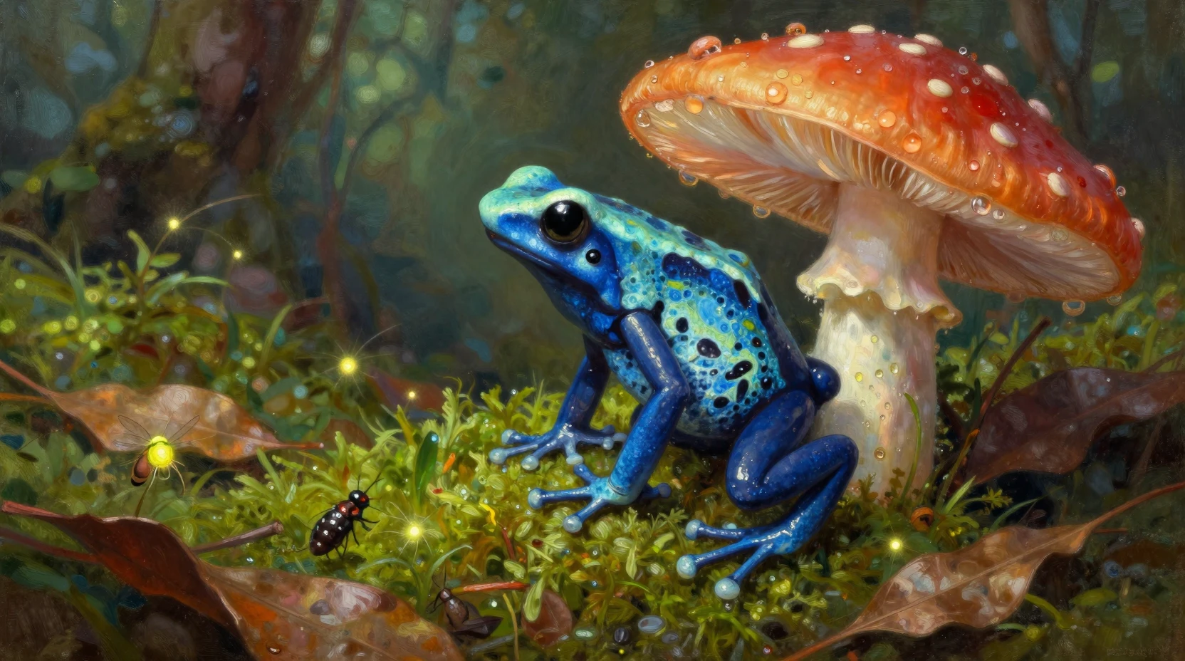Poison dart frog on a dewy mushroom in enchanted forest