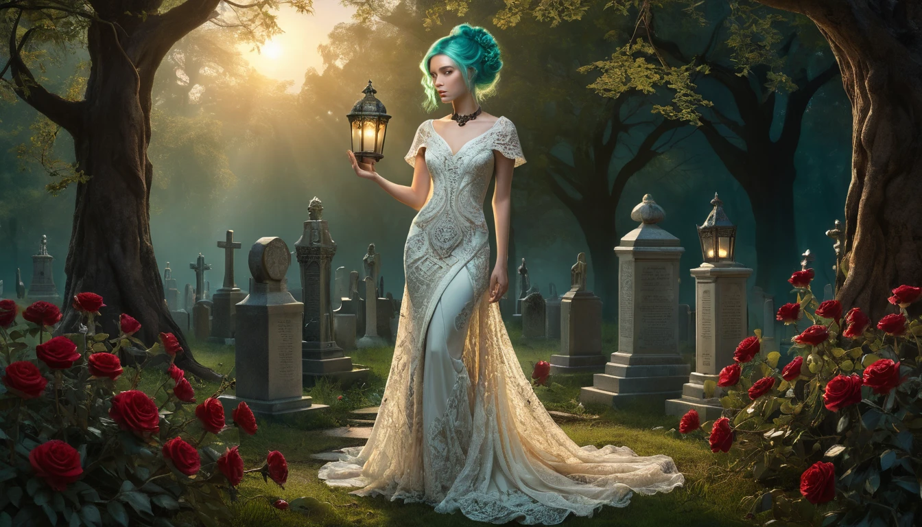 Mystical green eyed woman in a cosmic baroque universe