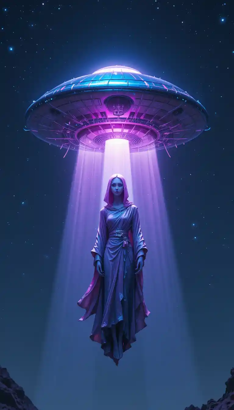 Alien emerging from glowing ufo in starry night sky