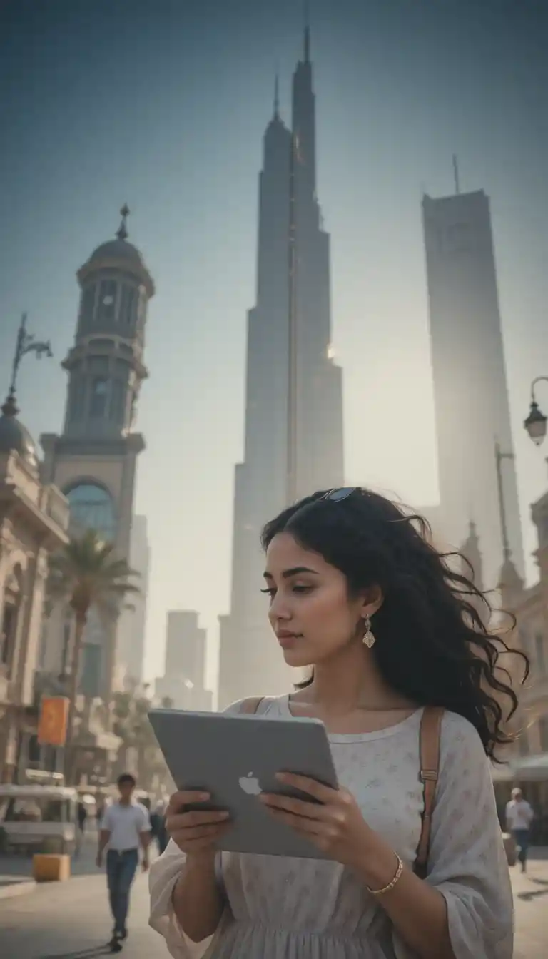 Ragazza iraniana con un tablet iPhone davanti a un famoso monumento di Dubai