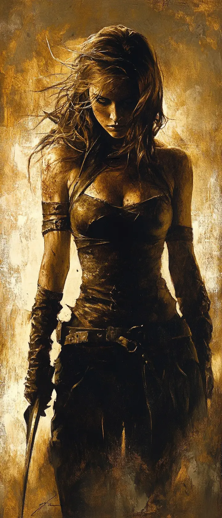 Stoic female warrior in golden hour battlefield calm