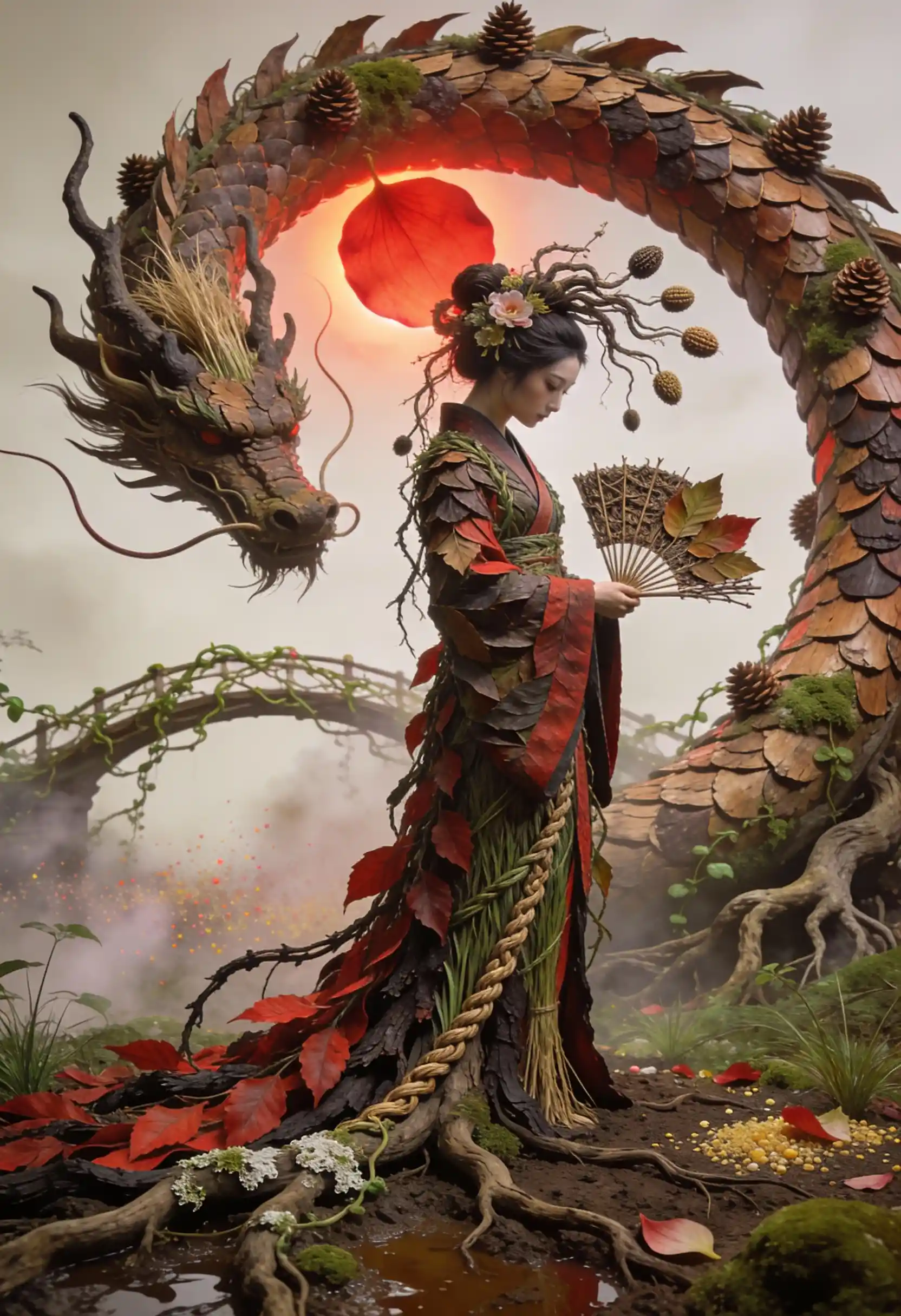 Leaf Woven Woman And Dragon In Organic Fantasy Landscape