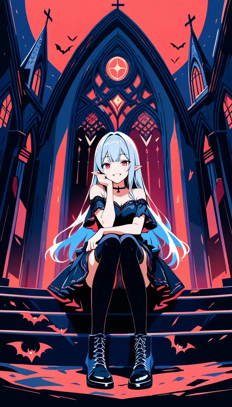 Vampire anime girl sitting in a church under a red moon