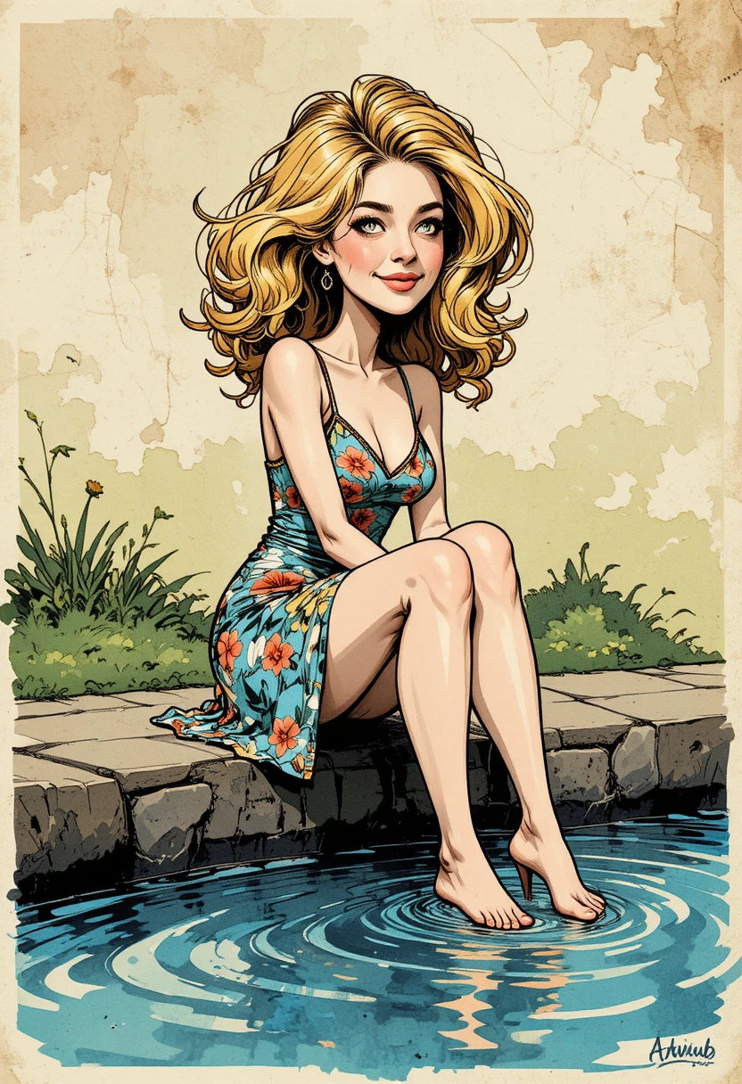 Caricature woman at pond edge with toes in rippling water