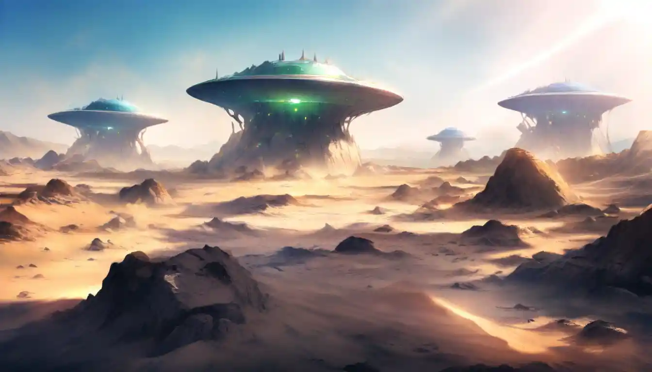 Desolate alien desert with shattered futuristic spaceship ruins
