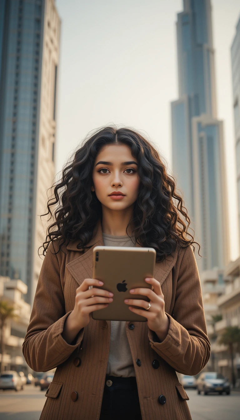 Chica iraní con tablet frente al famoso skyline de Dubái