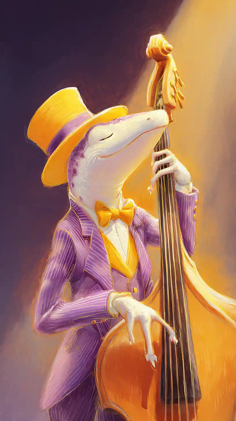 Anthropomorphic white newt playing double bass on stage