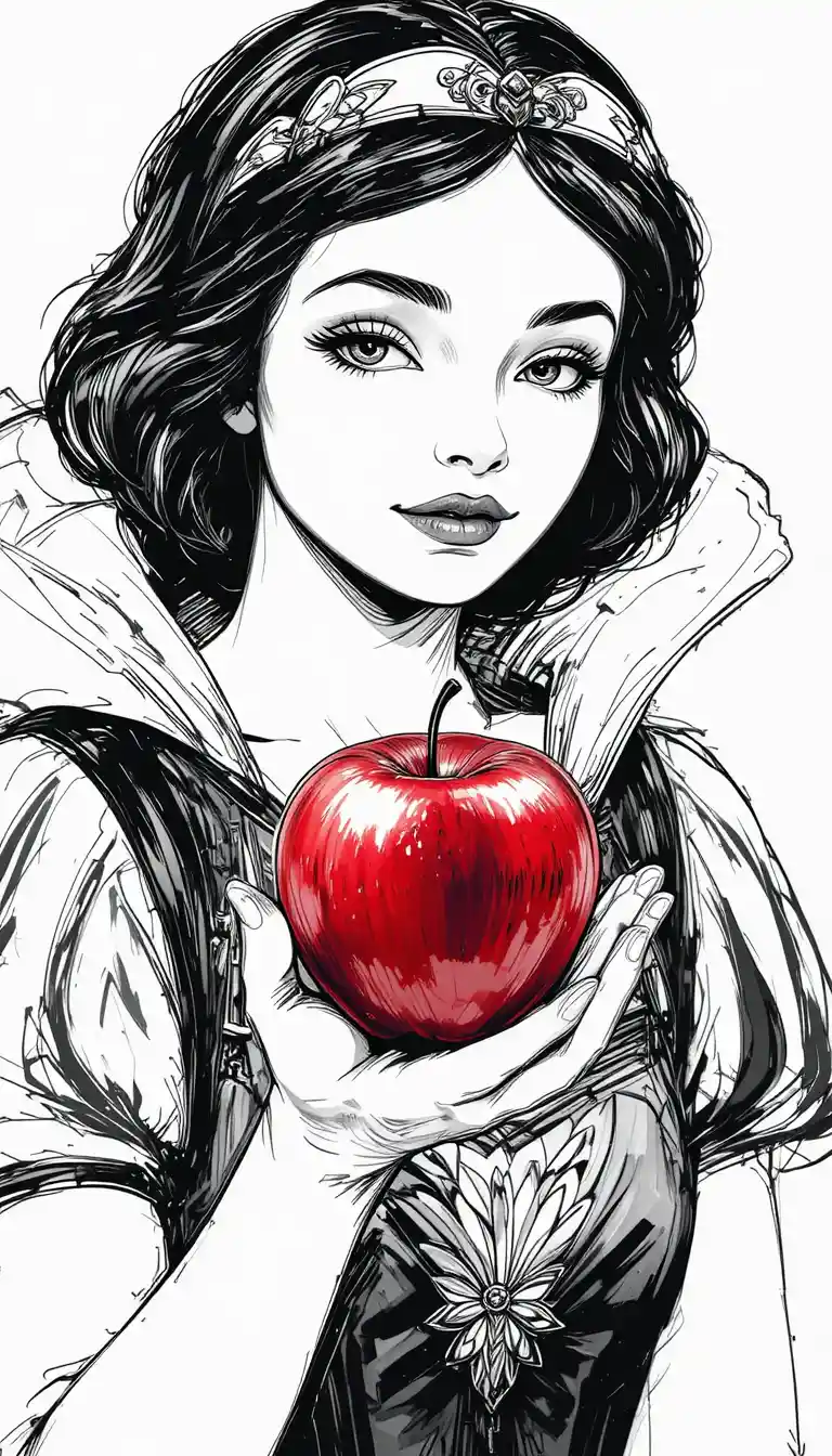 Dibujo lineal en primer plano de manos sosteniendo una manzana roja