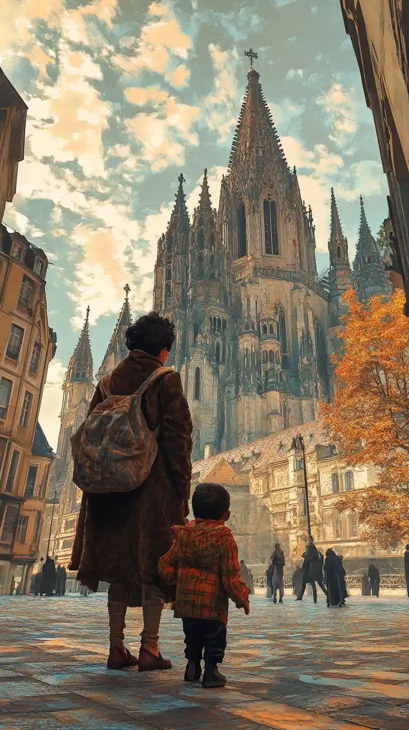 Anime beggar woman and child at Strasbourg cathedral