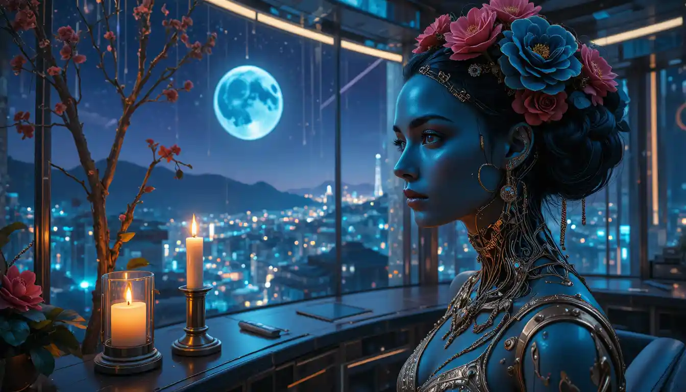 Cyborg woman under blue moon in gothic floral cosmos