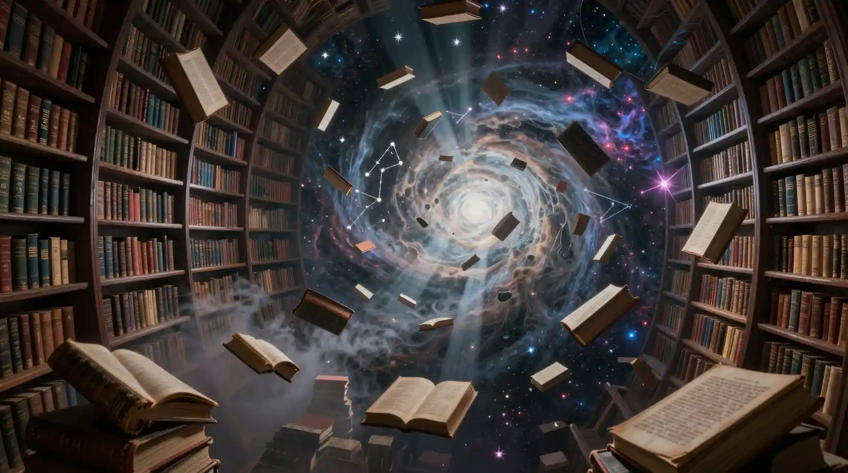 Antica biblioteca cosmica che fluttua nel vuoto infinito