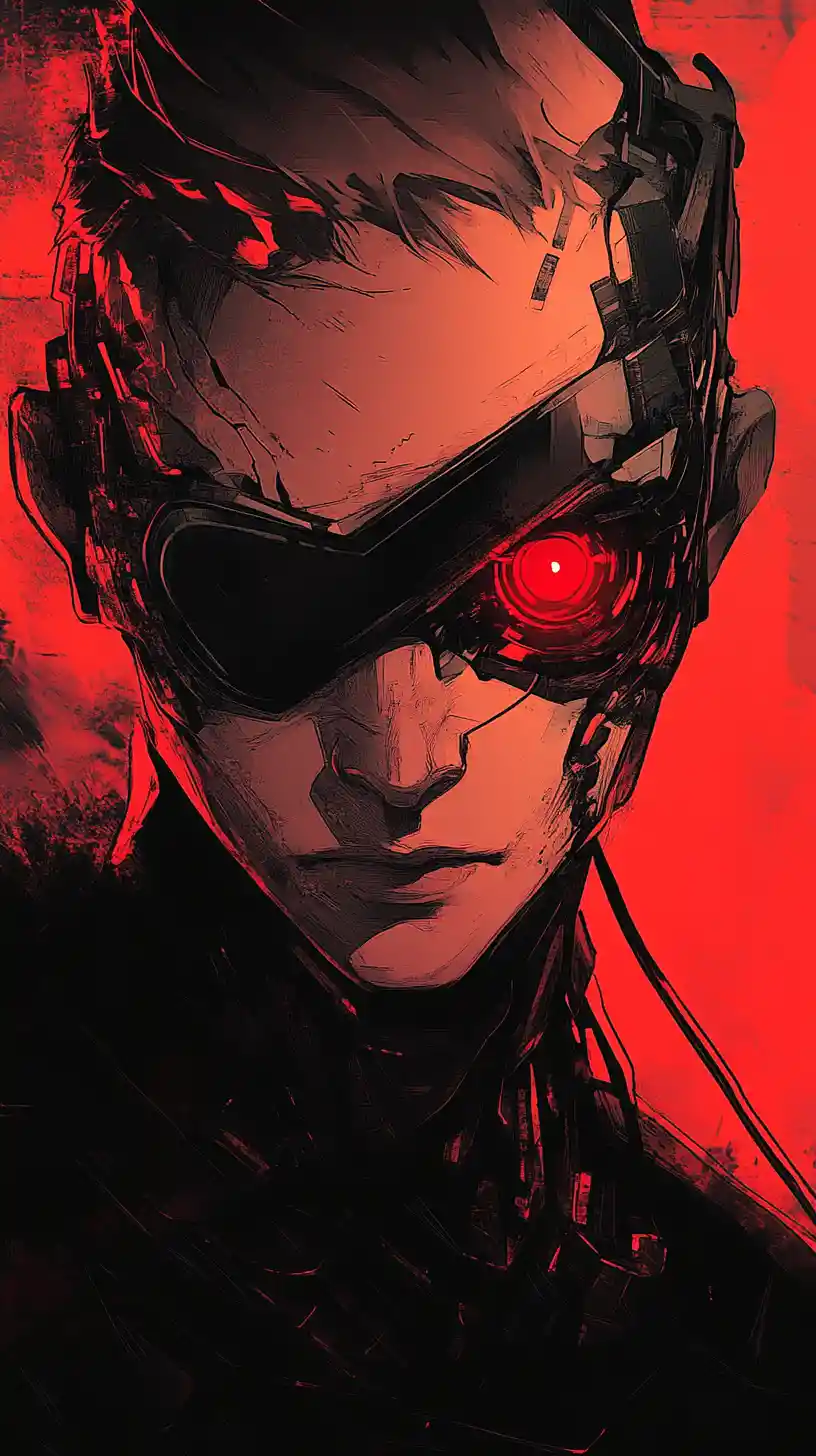 Brooding cyborg portrait with glowing red cybernetic eyes