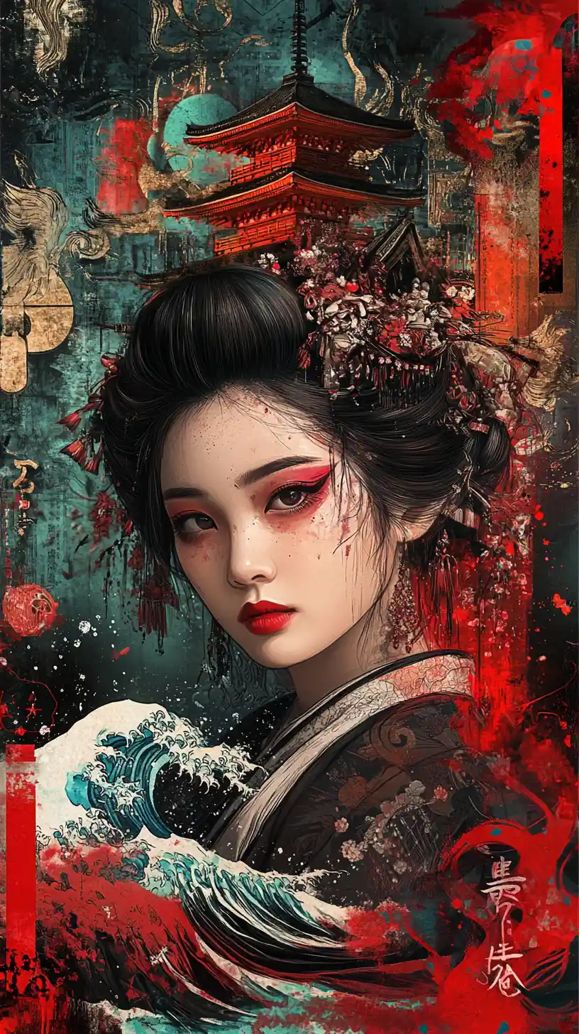 Melancholic Japanese Woman Portrait With Dynamic Ukiyo E Elements