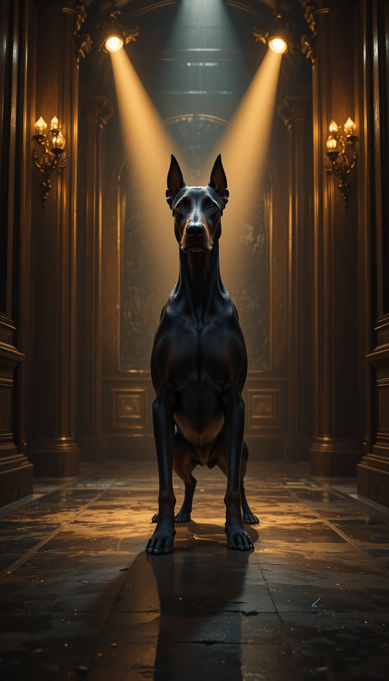 Majestätischer Dobermann im dramatischen Licht in einem prunkvollen Raum
