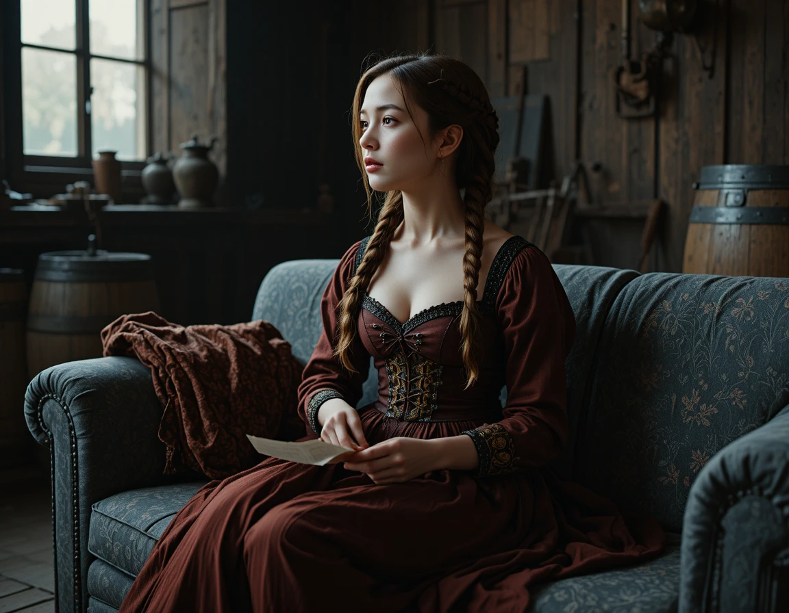Medieval woman sewing in a rustic wooden interior