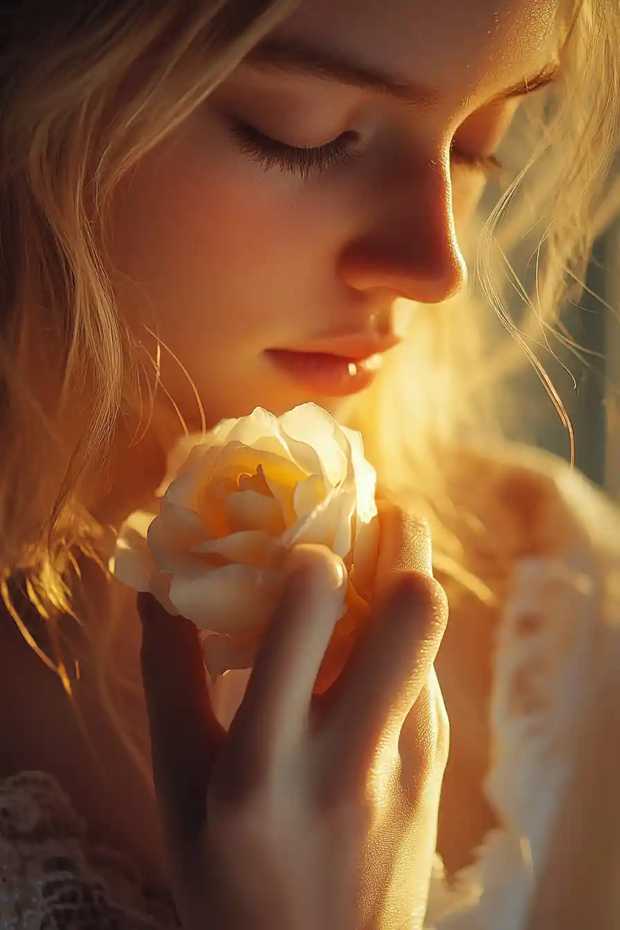 Woman arranging rose petals in soft window light