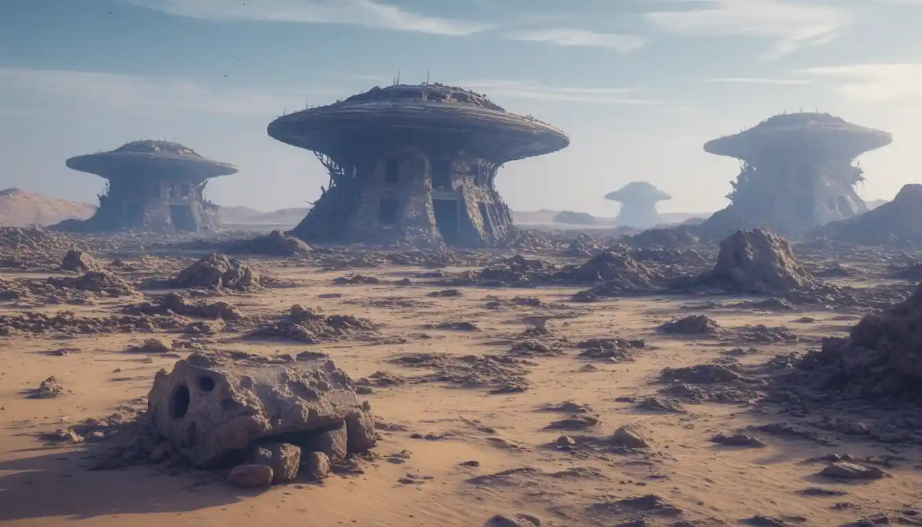 Alien desert with ruined spaceships under a purple sky