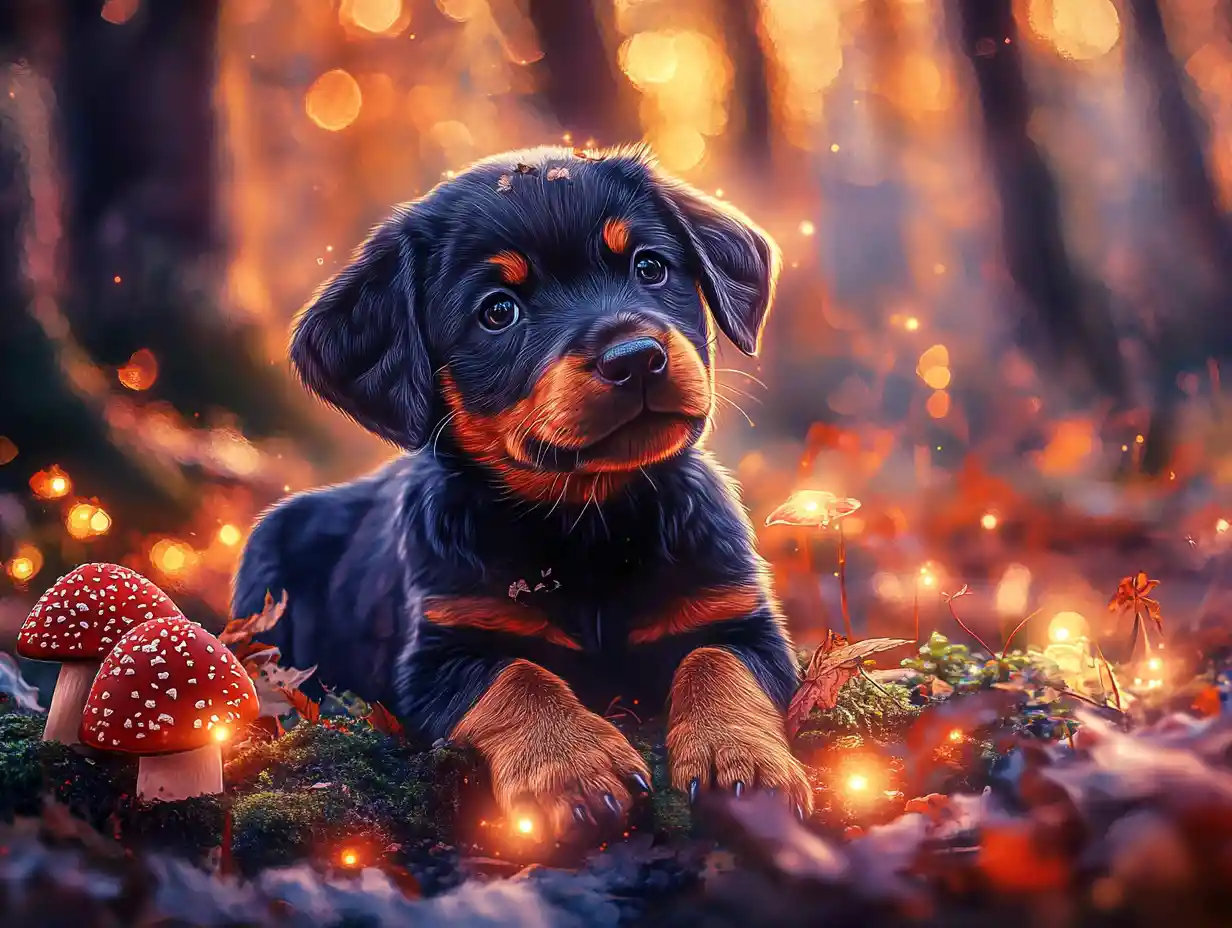Cute rottweiler puppy in an enchanted autumn forest