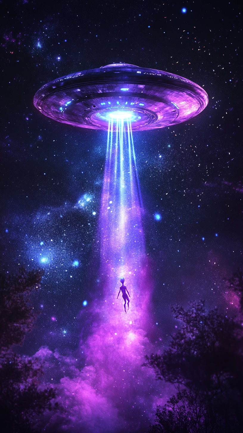 星空の夜に光るUFOから現れるエイリアン