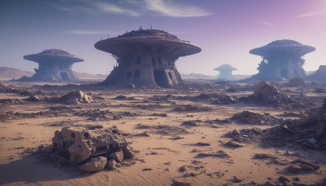 Alien desert with ruined spaceships under a purple sky