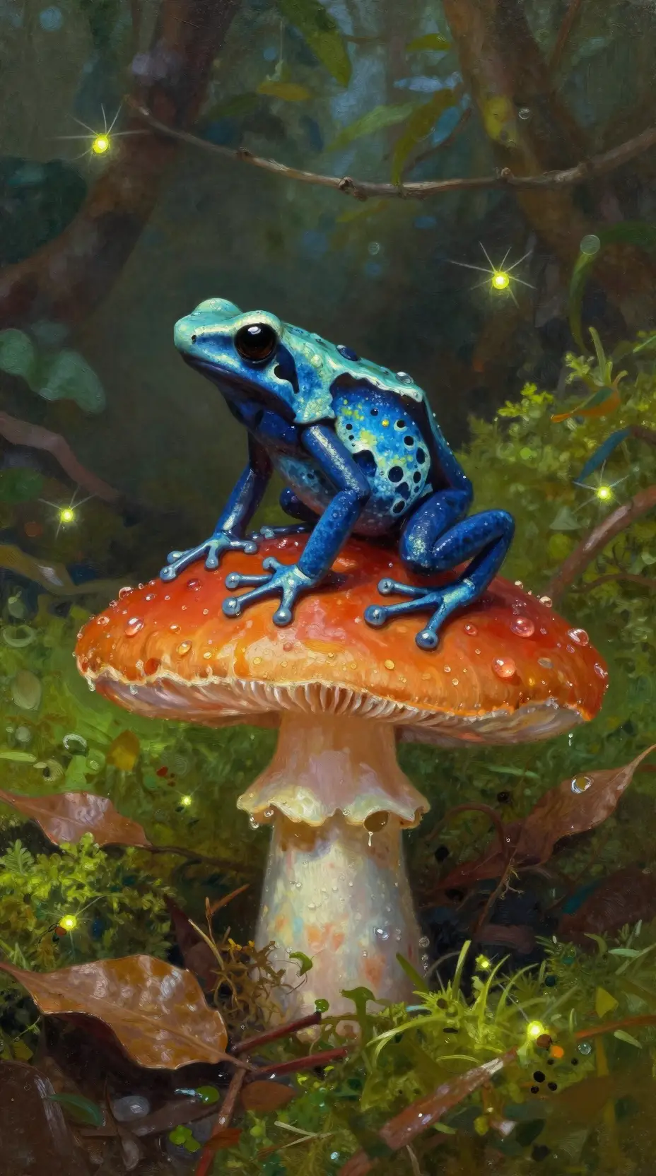 Poison dart frog on mushroom in enchanted forest scene