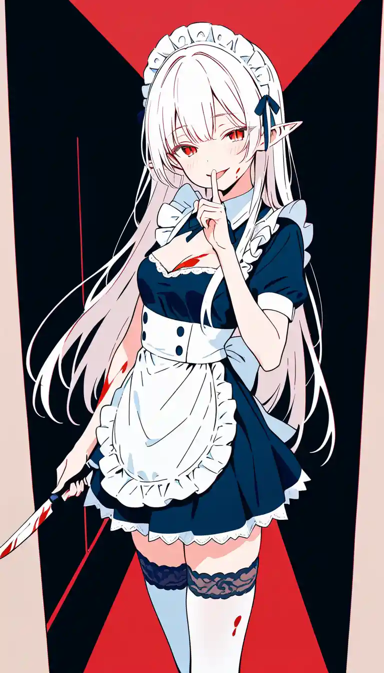 Albino elf maid girl with bloody hands at night