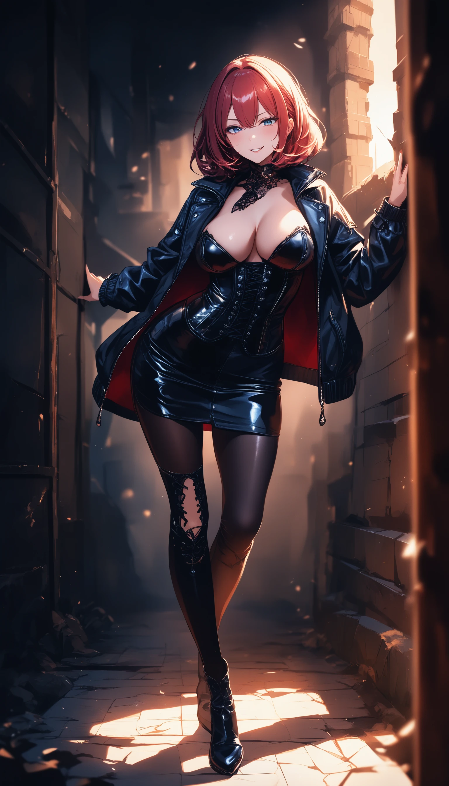 Anime girl leaning in moonlit alley by castle ruins