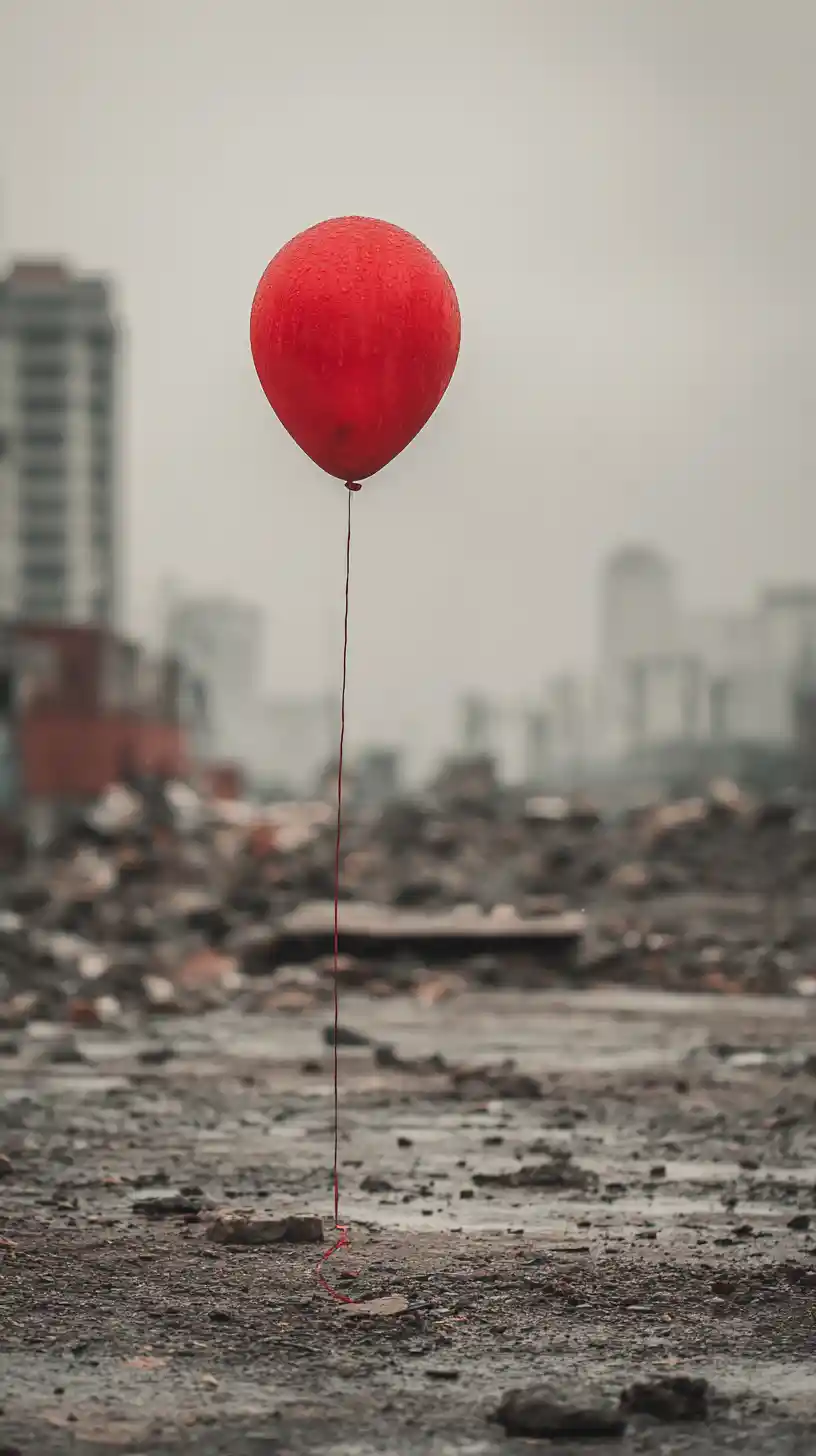 Red balloon floating alone over the ruined city