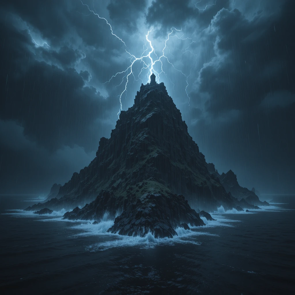 暴風雨中海上黑暗岩石島的空拍景觀