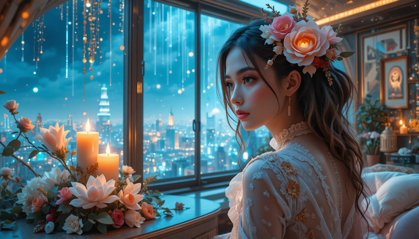 Gothic woman with luminous flowers and vintage candle