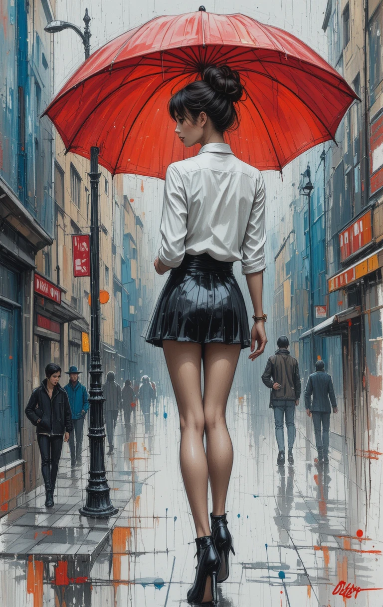 Elegant woman with red umbrella on rainy city street