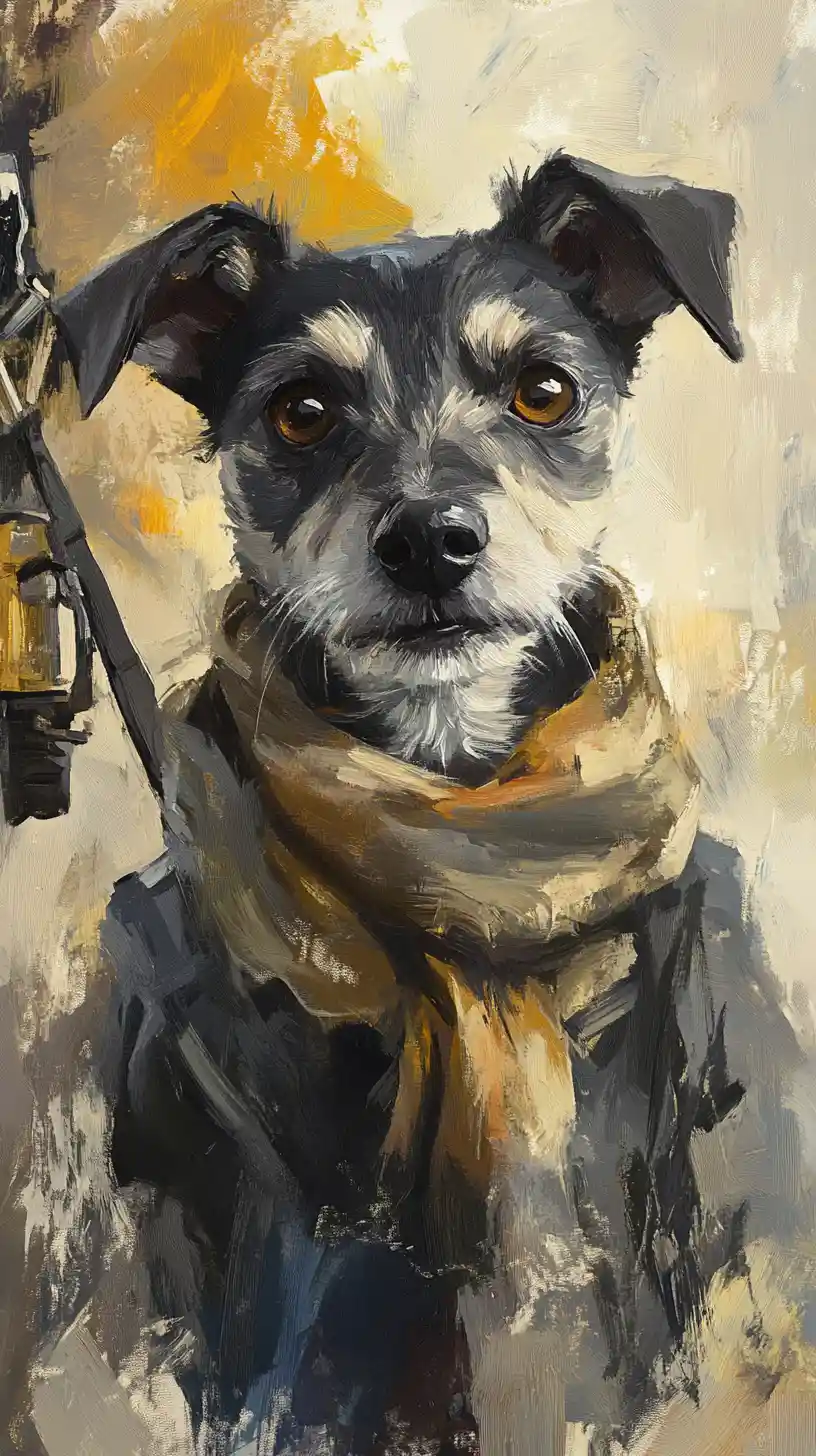 Playful rescue dog in winter forest painting