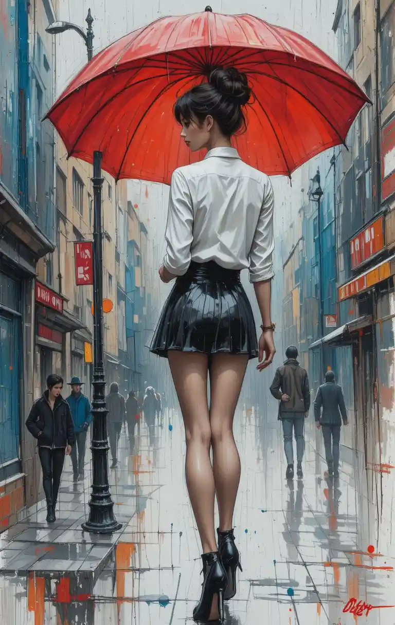 Elegant woman with red umbrella on rainy city street