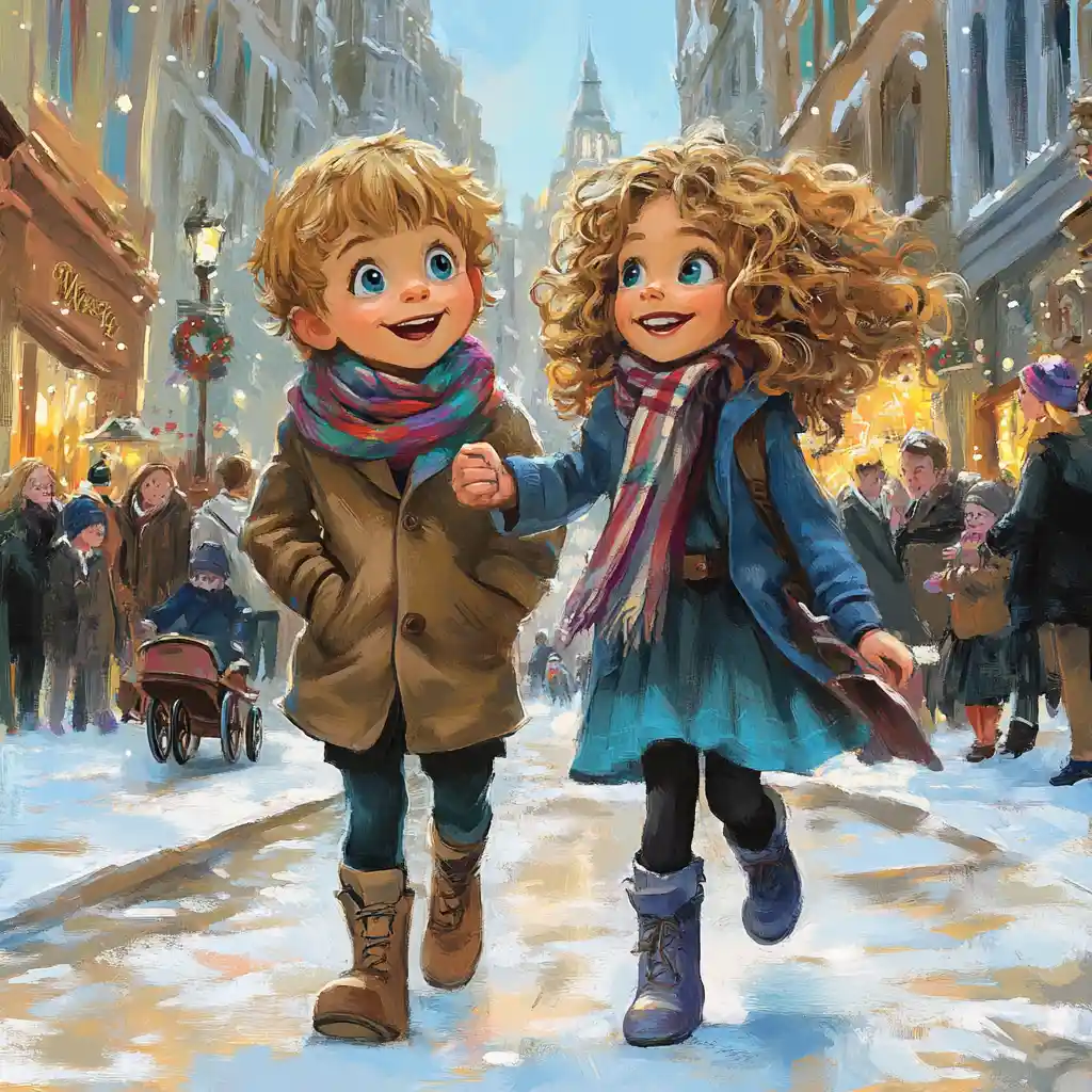 Two children watching festive magi parade on city street